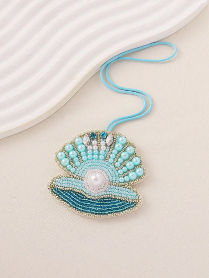 1pc Handmade Beaded Embroidered Shell Bag Charm, Bohemian Style Faux Pearl & Crystal Embellished Pendant, Suitable For Women Summer Beach Holiday Accessories Festival Graduation Gift Beach Essentials