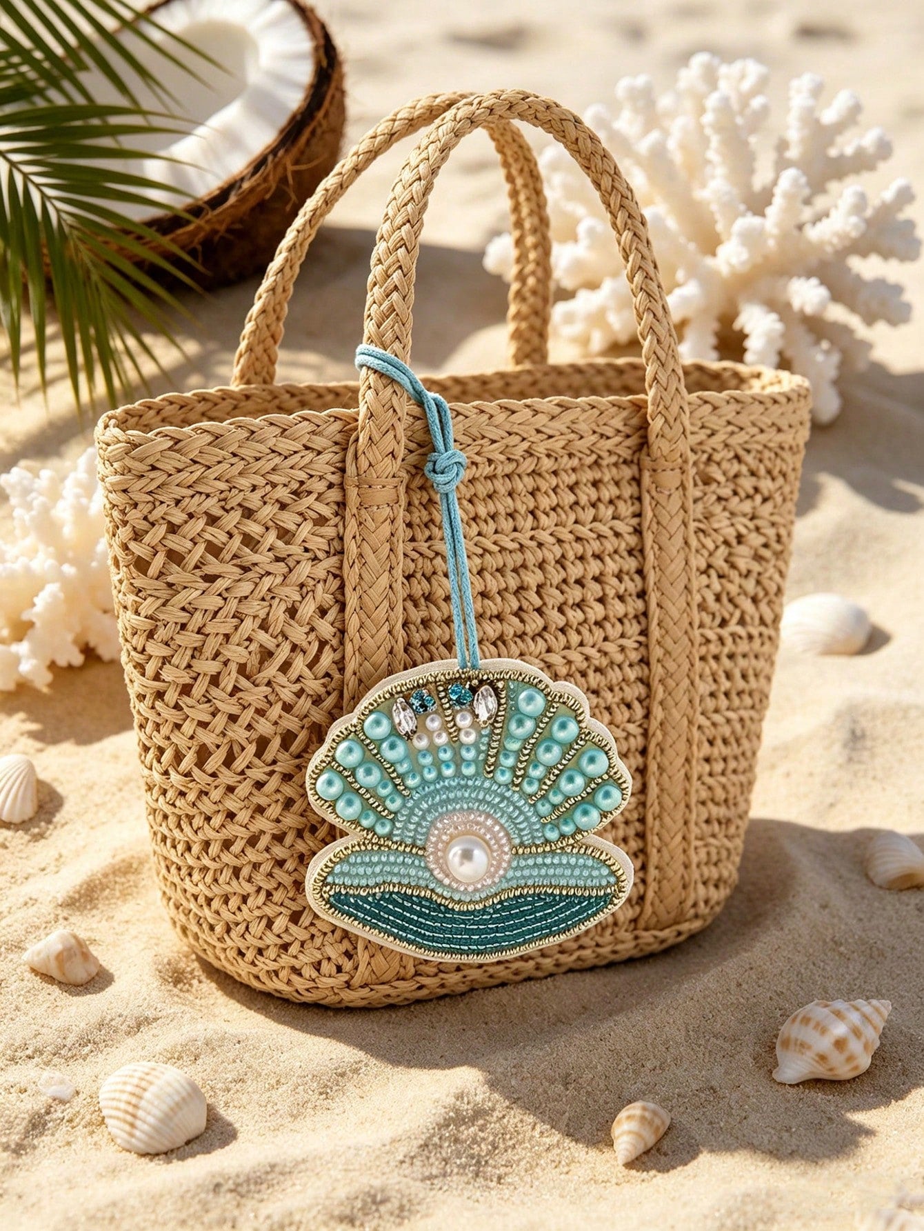 1pc Handmade Beaded Embroidered Shell Bag Charm, Bohemian Style Faux Pearl & Crystal Embellished Pendant, Suitable For Women Summer Beach Holiday Accessories Festival Graduation Gift Beach Essentials