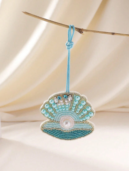 1pc Handmade Beaded Embroidered Shell Bag Charm, Bohemian Style Faux Pearl & Crystal Embellished Pendant, Suitable For Women Summer Beach Holiday Accessories Festival Graduation Gift Beach Essentials