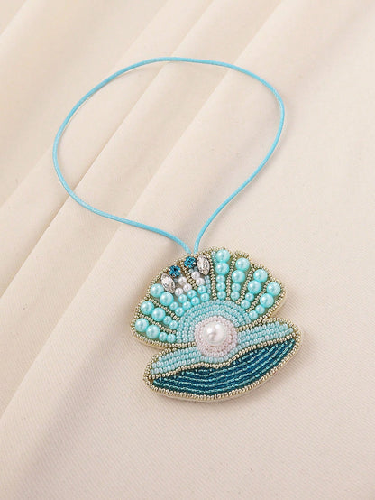 1pc Handmade Beaded Embroidered Shell Bag Charm, Bohemian Style Faux Pearl & Crystal Embellished Pendant, Suitable For Women Summer Beach Holiday Accessories Festival Graduation Gift Beach Essentials