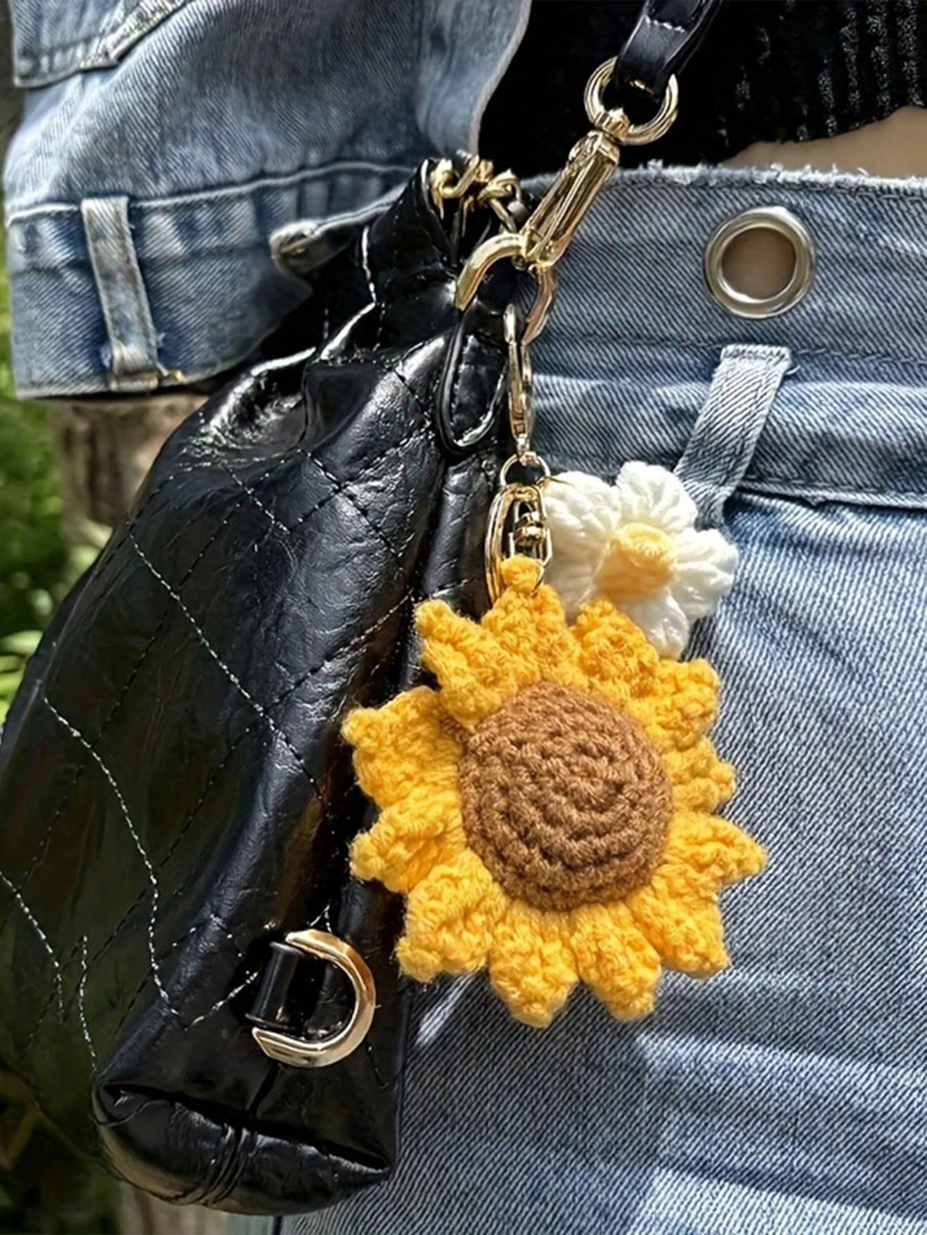 1pc Handmade Crochet Sunflower Keychain Fashionable Versatile Bag Pendant Cute Keyring Beach Daisy