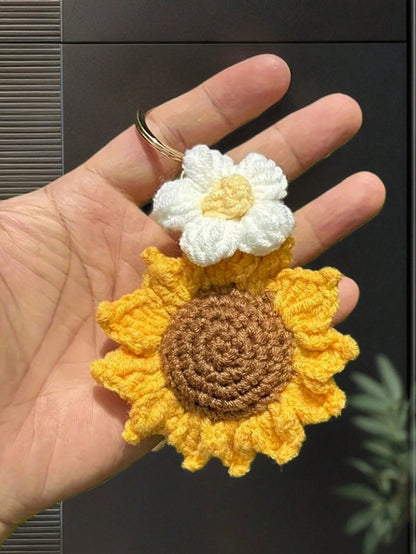 1pc Handmade Crochet Sunflower Keychain Fashionable Versatile Bag Pendant Cute Keyring Beach Daisy