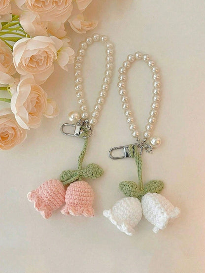 1pc Handmade Woven Flower Backpack/Bookbag/Purse Pendant, Handmade Knitted Flower Keychain Bag Charm, Pearl Decorated Bracelet/ Keychain/ Keyring, Crochet Flower Trinket Gifts For Women, Crochet Fl