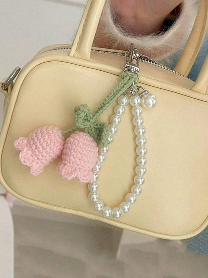 1pc Handmade Woven Flower Backpack/Bookbag/Purse Pendant, Handmade Knitted Flower Keychain Bag Charm, Pearl Decorated Bracelet/ Keychain/ Keyring, Crochet Flower Trinket Gifts For Women, Crochet Fl