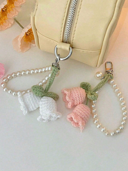 1pc Handmade Woven Flower Backpack/Bookbag/Purse Pendant, Handmade Knitted Flower Keychain Bag Charm, Pearl Decorated Bracelet/ Keychain/ Keyring, Crochet Flower Trinket Gifts For Women, Crochet Fl