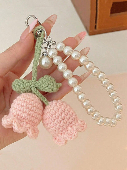 1pc Handmade Woven Flower Backpack/Bookbag/Purse Pendant, Handmade Knitted Flower Keychain Bag Charm, Pearl Decorated Bracelet/ Keychain/ Keyring, Crochet Flower Trinket Gifts For Women, Crochet Fl