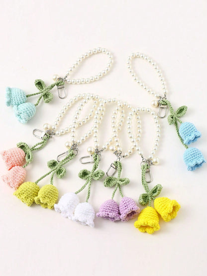1pc Handmade Woven Flower Backpack/Bookbag/Purse Pendant, Handmade Knitted Flower Keychain Bag Charm, Pearl Decorated Bracelet/ Keychain/ Keyring, Crochet Flower Trinket Gifts For Women, Crochet Fl