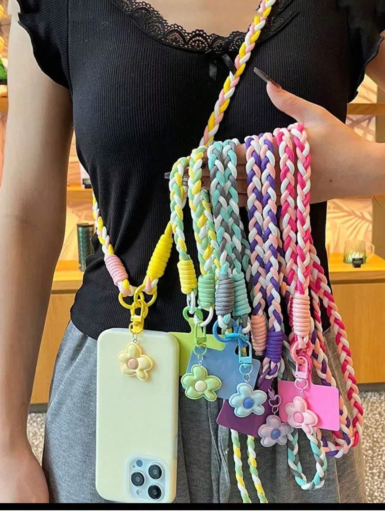 1pc Handwoven Rope Phone Lanyard, Crossbody Style, Outdoor Travel Anti-Loss Phone Case Strap, Handmade Cute Flower Design (Random Color Buckle)