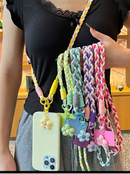 1pc Handwoven Rope Phone Lanyard, Crossbody Style, Outdoor Travel Anti-Loss Phone Case Strap, Handmade Cute Flower Design (Random Color Buckle)