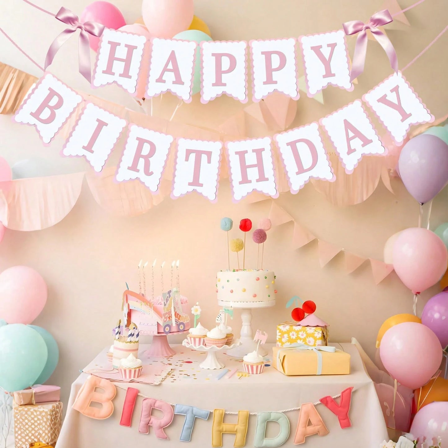 1pc Happy Birthday Bow Banner, Suitable For Bow Birthday Decorations, Pink Bow Wreath, Fit For Baby Shower, Girl's 1st Birthday Party Decor