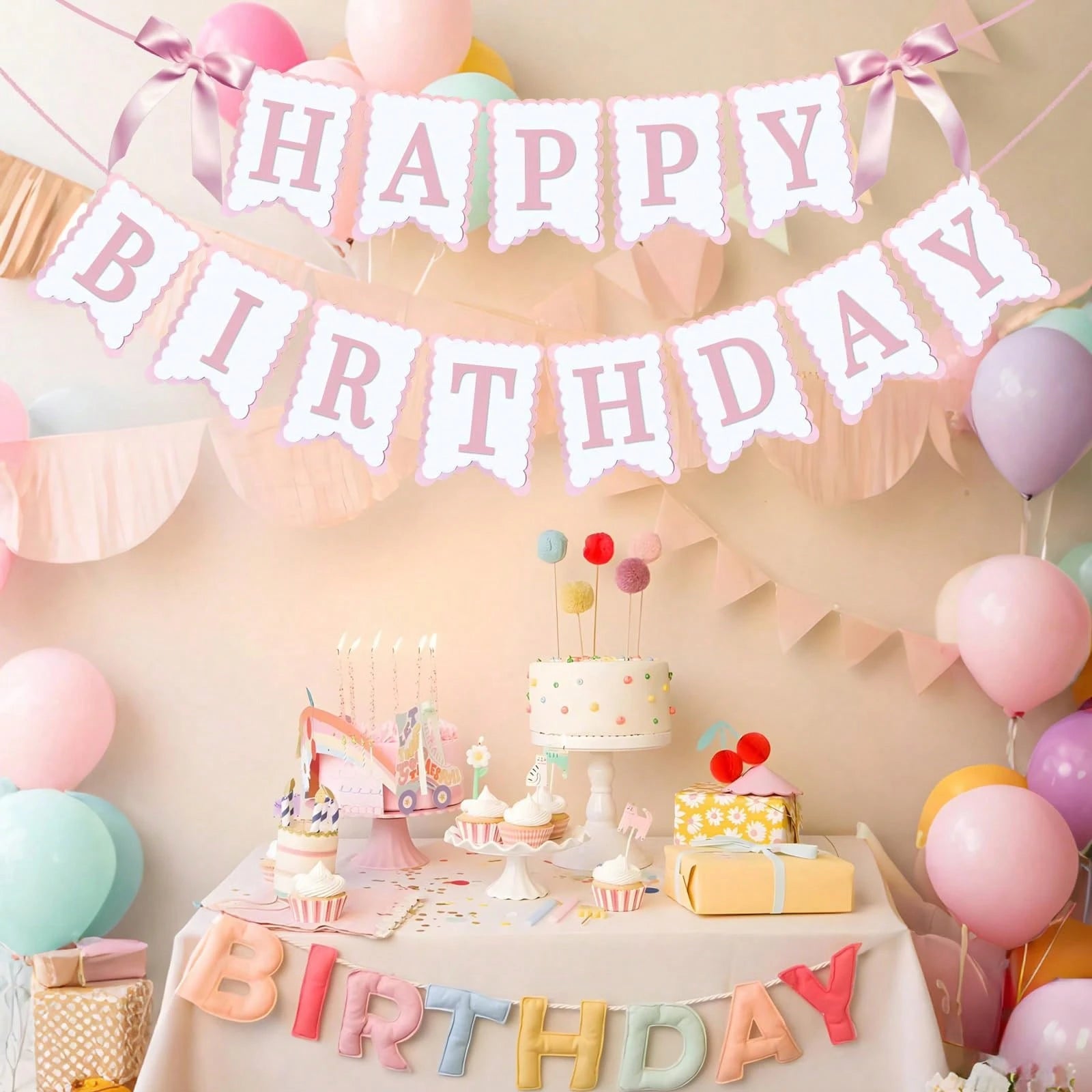 1pc Happy Birthday Bow Banner, Suitable For Bow Birthday Decorations, Pink Bow Wreath, Fit For Baby Shower, Girl's 1st Birthday Party Decor