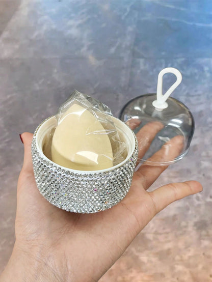 1pc Highly Attractive Glitter Artificial Rhinestone Makeup Sponge Storage Box, Dust-Proof Foundation Powder Puff Storage Box, Travel Portable Makeup Egg Storage Box, Creative Makeup Gift, Random Puff