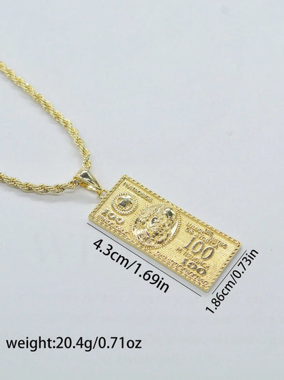 1pc Hip Hop Vintage 100 Dollar Bill Pendant Necklace, Unisex Twisted Chain Dollar Sign Square Plate Accessory, Halloween, Christmas, Party Gathering Gift