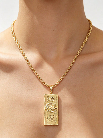 1pc Hip Hop Vintage 100 Dollar Bill Pendant Necklace, Unisex Twisted Chain Dollar Sign Square Plate Accessory, Halloween, Christmas, Party Gathering Gift