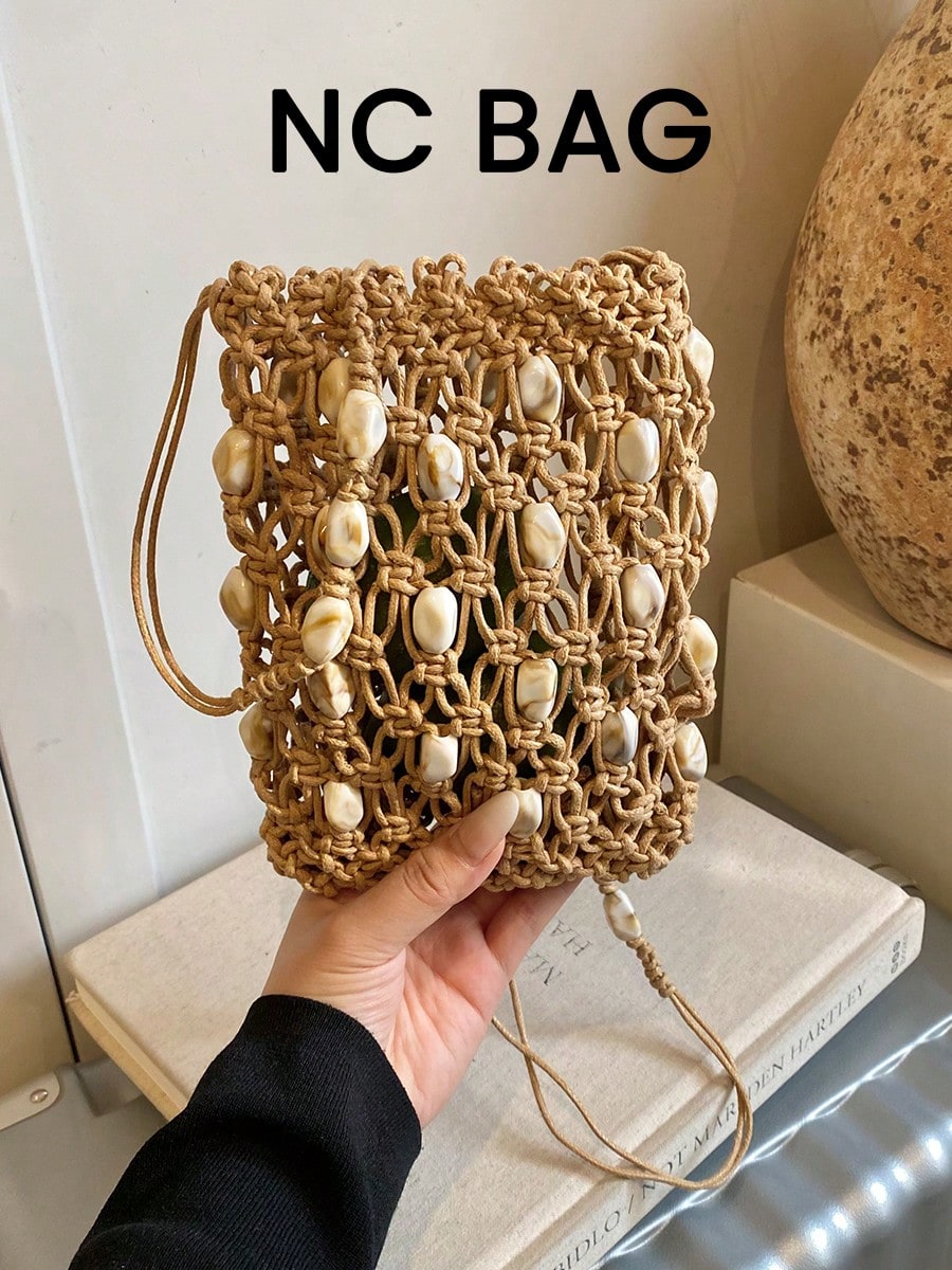 1pc Hollow Out Solid Color Woven Bucket Bag, Minimalist Shoulder Bag, Versatile Mini Phone Crossbody Bag For Summer Date