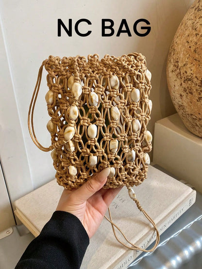 1pc Hollow Out Solid Color Woven Bucket Bag, Minimalist Shoulder Bag, Versatile Mini Phone Crossbody Bag For Summer Date