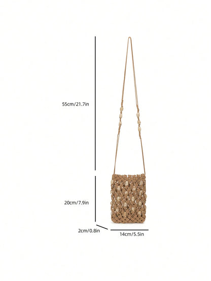 1pc Hollow Out Solid Color Woven Bucket Bag, Minimalist Shoulder Bag, Versatile Mini Phone Crossbody Bag For Summer Date