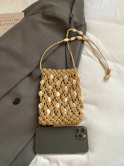 1pc Hollow Out Solid Color Woven Bucket Bag, Minimalist Shoulder Bag, Versatile Mini Phone Crossbody Bag For Summer Date