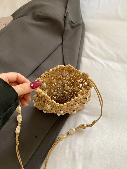 1pc Hollow Out Solid Color Woven Bucket Bag, Minimalist Shoulder Bag, Versatile Mini Phone Crossbody Bag For Summer Date