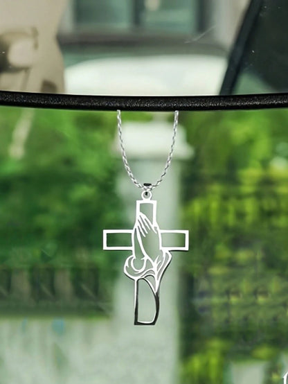 1pc Hollow Prayer Pose Cross Pendant, Car Interior Decor Pendant, Exquisite Cross Pendant