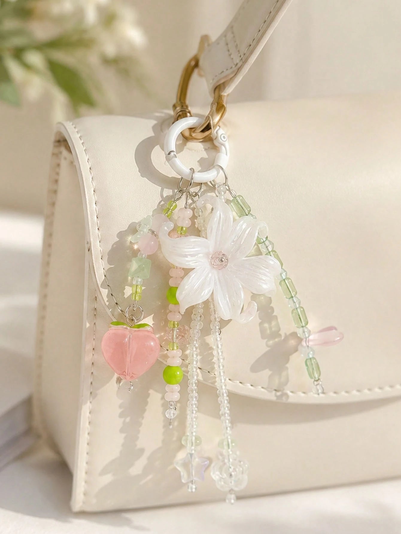 1pc INS Fairy Style Iris Flower Bag Charm, Peach Beaded Keychain, Cute Tassel Phone Lanyard, Aesthetic Wallet Pendant