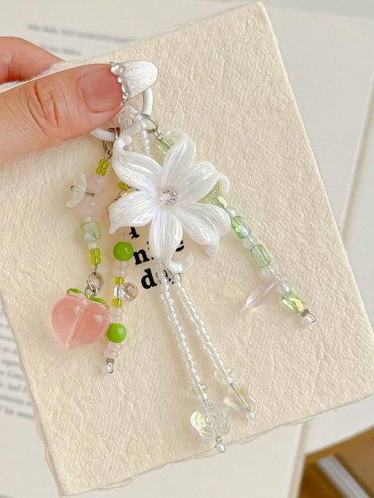 1pc INS Fairy Style Iris Flower Bag Charm, Peach Beaded Keychain, Cute Tassel Phone Lanyard, Aesthetic Wallet Pendant