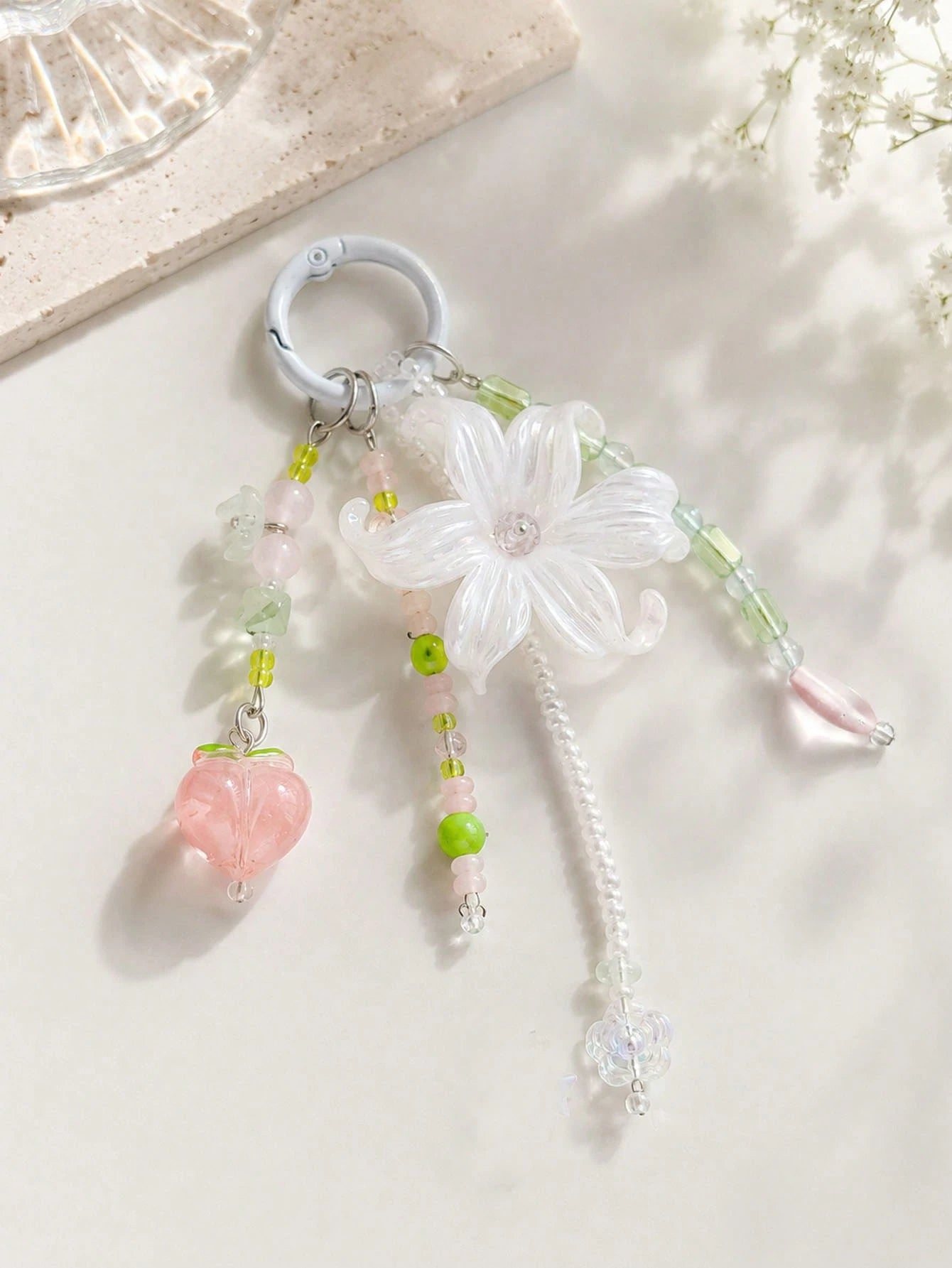 1pc INS Fairy Style Iris Flower Bag Charm, Peach Beaded Keychain, Cute Tassel Phone Lanyard, Aesthetic Wallet Pendant