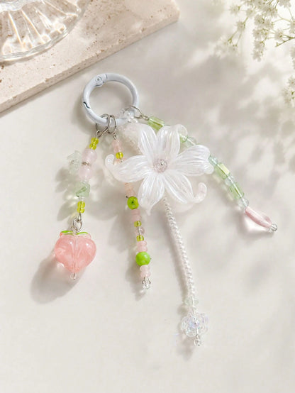 1pc INS Fairy Style Iris Flower Bag Charm, Peach Beaded Keychain, Cute Tassel Phone Lanyard, Aesthetic Wallet Pendant