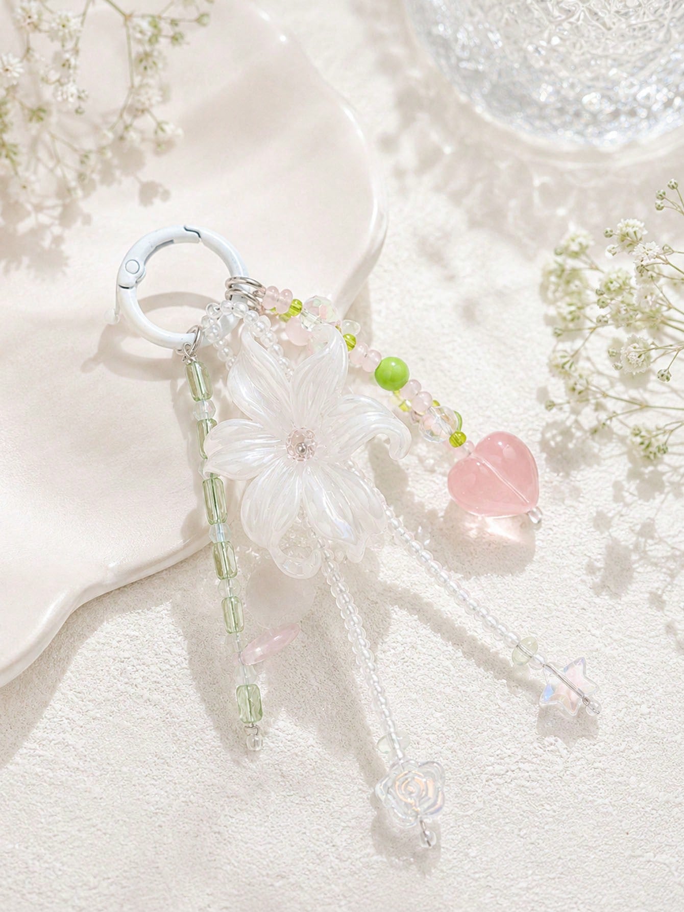 1pc INS Fairy Style Iris Flower Bag Charm, Peach Beaded Keychain, Cute Tassel Phone Lanyard, Aesthetic Wallet Pendant