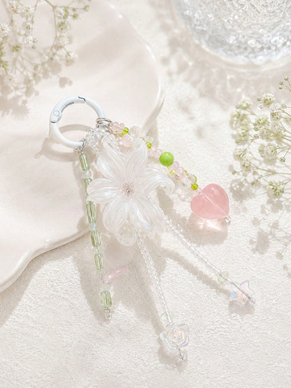1pc INS Fairy Style Iris Flower Bag Charm, Peach Beaded Keychain, Cute Tassel Phone Lanyard, Aesthetic Wallet Pendant