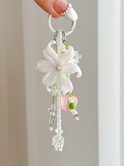 1pc INS Fairy Style Iris Flower Bag Charm, Peach Beaded Keychain, Cute Tassel Phone Lanyard, Aesthetic Wallet Pendant
