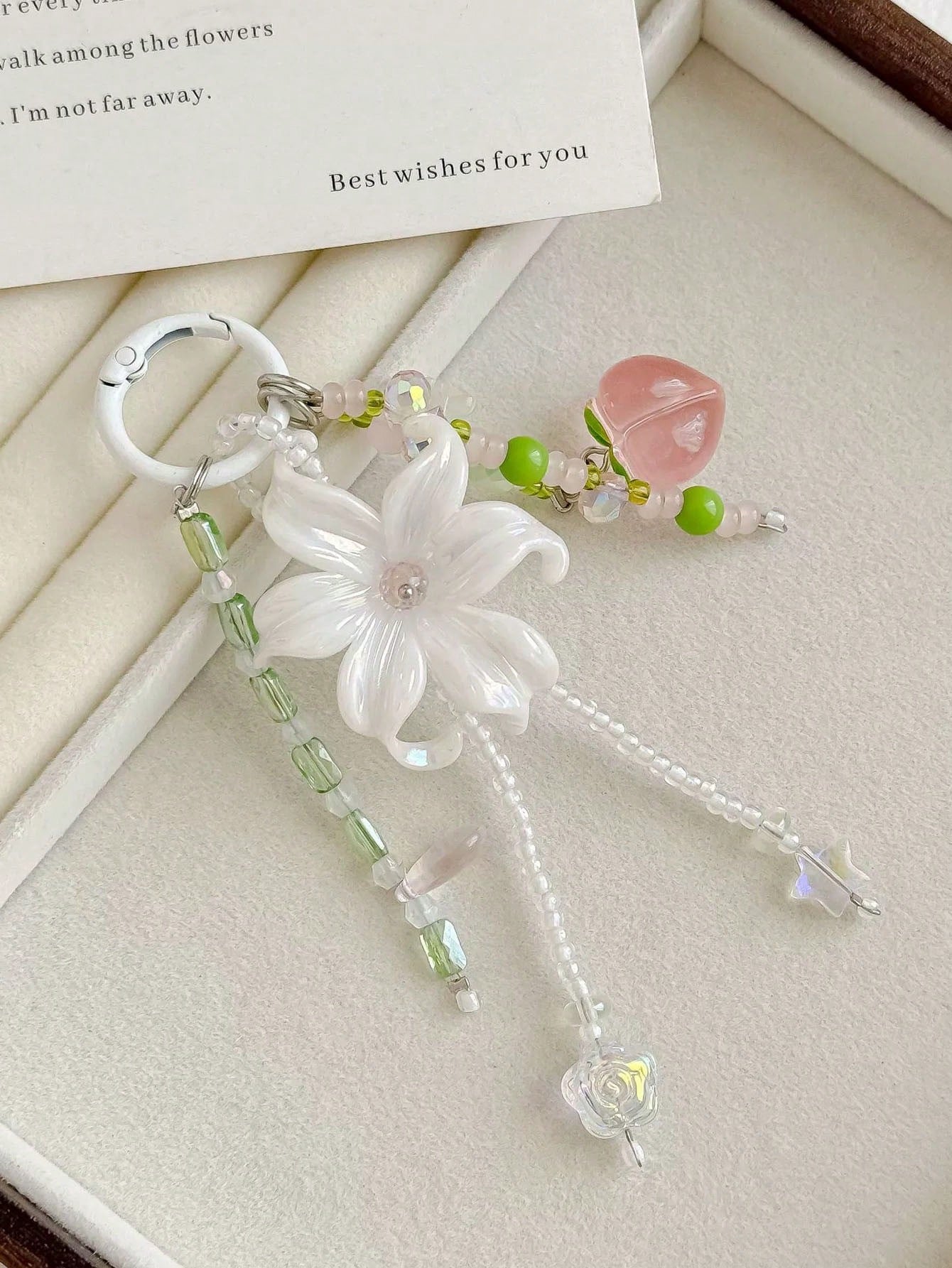 1pc INS Fairy Style Iris Flower Bag Charm, Peach Beaded Keychain, Cute Tassel Phone Lanyard, Aesthetic Wallet Pendant