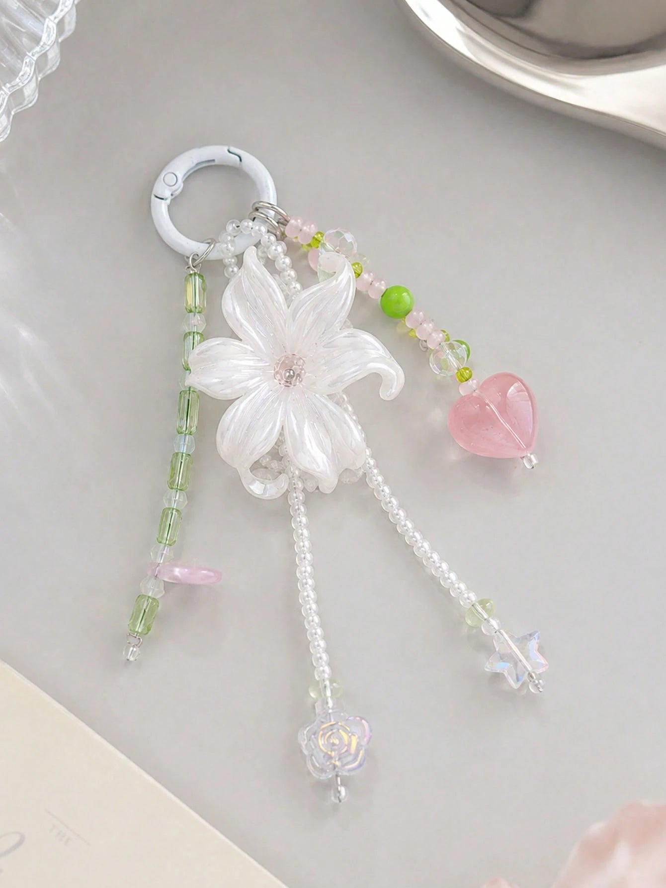 1pc INS Fairy Style Iris Flower Bag Charm, Peach Beaded Keychain, Cute Tassel Phone Lanyard, Aesthetic Wallet Pendant
