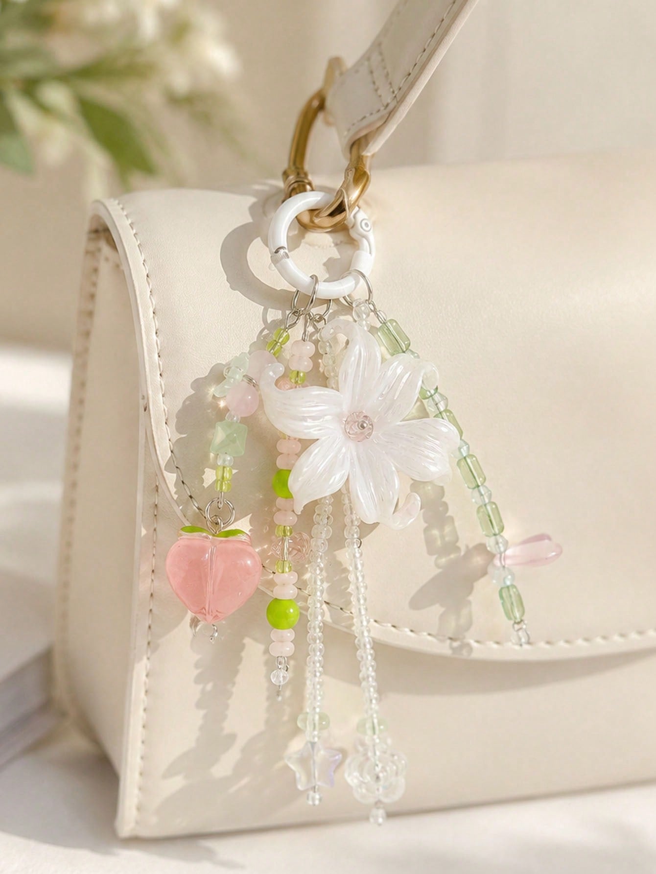 1pc INS Fairy Style Iris Flower Bag Charm, Peach Beaded Keychain, Cute Tassel Phone Lanyard, Aesthetic Wallet Pendant