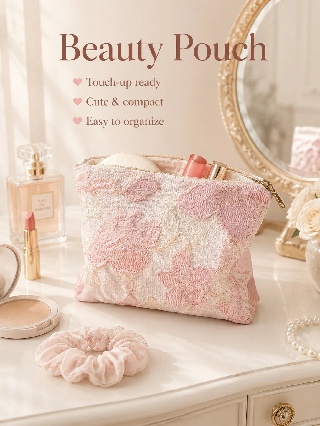 1pc Ins Style Floral Embroidered Zipper Makeup Bag, Cute Fabric Mini Coin Purse, Portable Lipstick And Small Items Storage Pouch