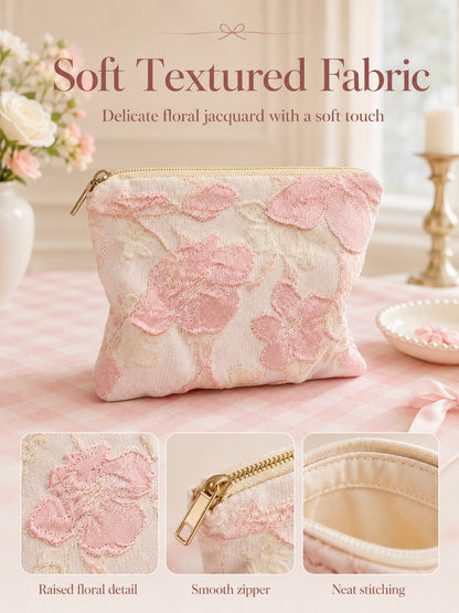 1pc Ins Style Floral Embroidered Zipper Makeup Bag, Cute Fabric Mini Coin Purse, Portable Lipstick And Small Items Storage Pouch