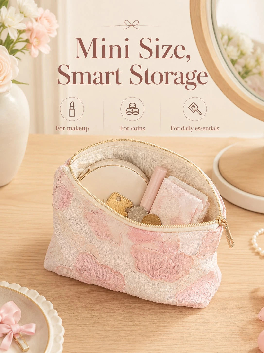 1pc Ins Style Floral Embroidered Zipper Makeup Bag, Cute Fabric Mini Coin Purse, Portable Lipstick And Small Items Storage Pouch