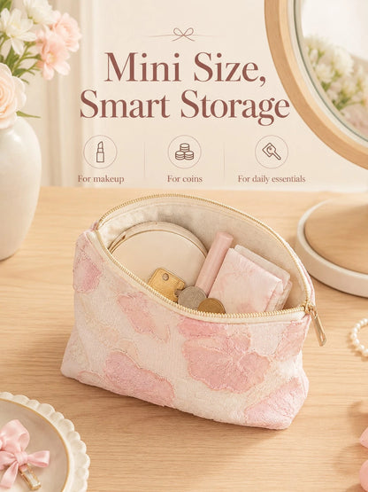 1pc Ins Style Floral Embroidered Zipper Makeup Bag, Cute Fabric Mini Coin Purse, Portable Lipstick And Small Items Storage Pouch