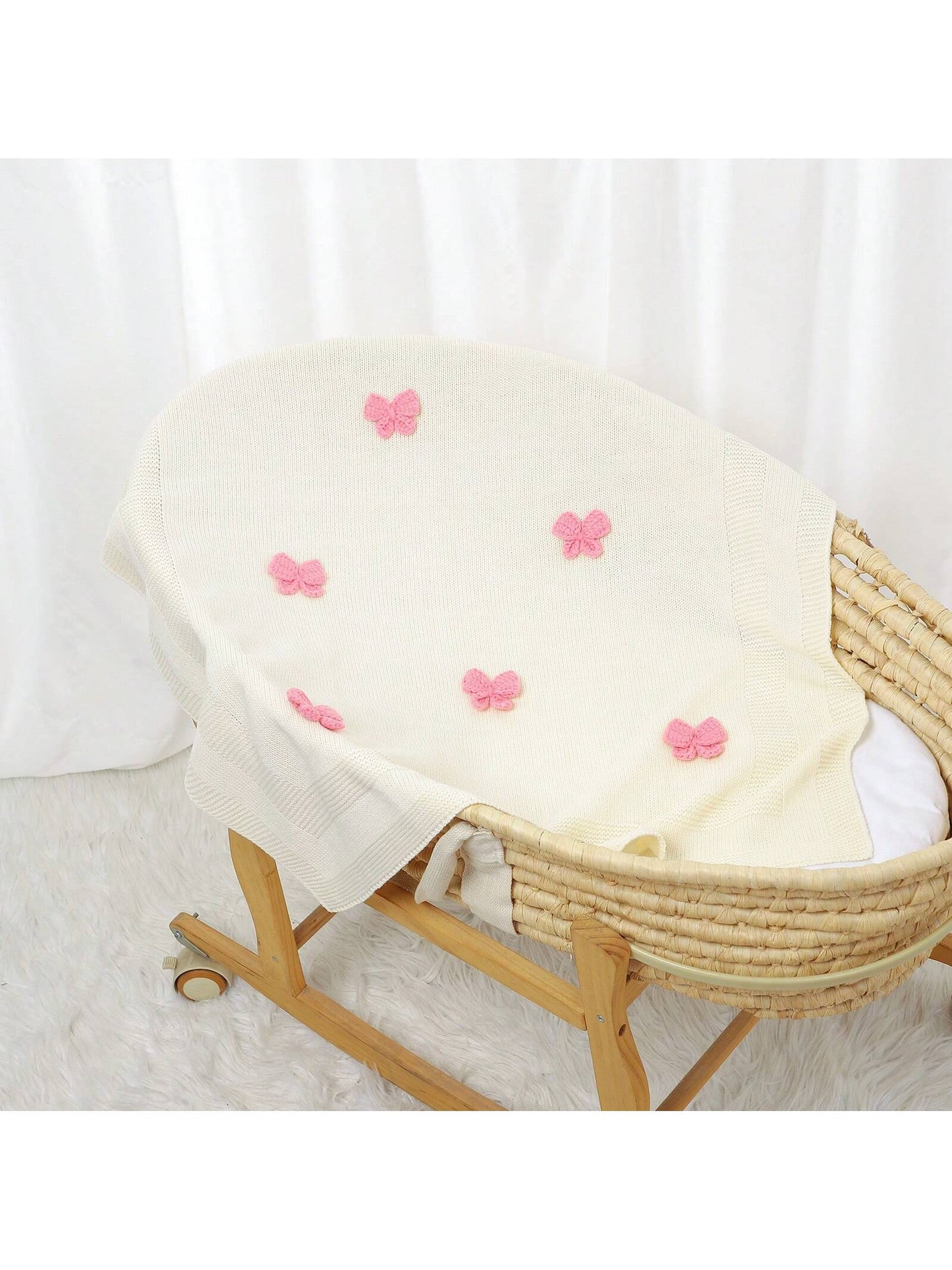 1pc Knitted Baby Blanket With Decorative 3D Bow, Cute And Cozy For Infants, Suitable For All Seasons