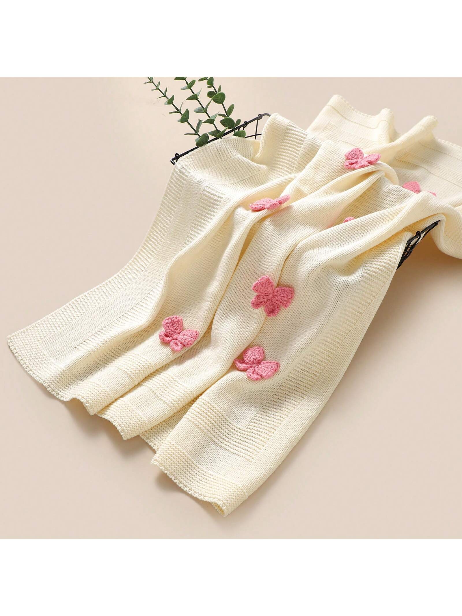 1pc Knitted Baby Blanket With Decorative 3D Bow, Cute And Cozy For Infants, Suitable For All Seasons