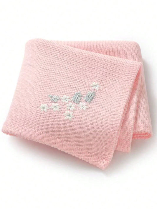 1pc Knitted Baby Blanket With Embroidery, Sweet Design, Casual & Minimalist, Suitable For All Seasons