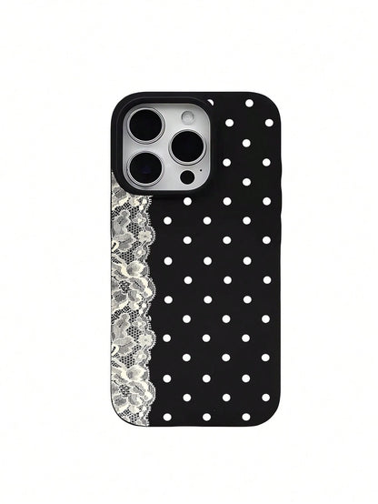 1pc Lace Polka Dot Pattern Shockproof Black Liquid Straight Edge TPU Phone Case, Suitable For IPhone 16 Pro Max/16/16 Pro/16 Plus/15/15 Pro Max/15 Pro/11/12/13/14 Pro Max/11 Pro/11 Pro Max/12 Pro/12 P