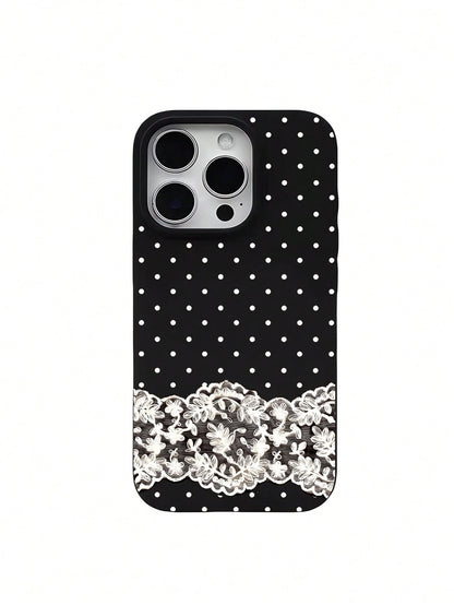 1pc Lace Polka Dot Pattern Shockproof Black Liquid Straight Edge TPU Phone Case, Suitable For IPhone 16 Pro Max/16/16 Pro/16 Plus/15/15 Pro Max/15 Pro/11/12/13/14 Pro Max/11 Pro/11 Pro Max/12 Pro/12 P