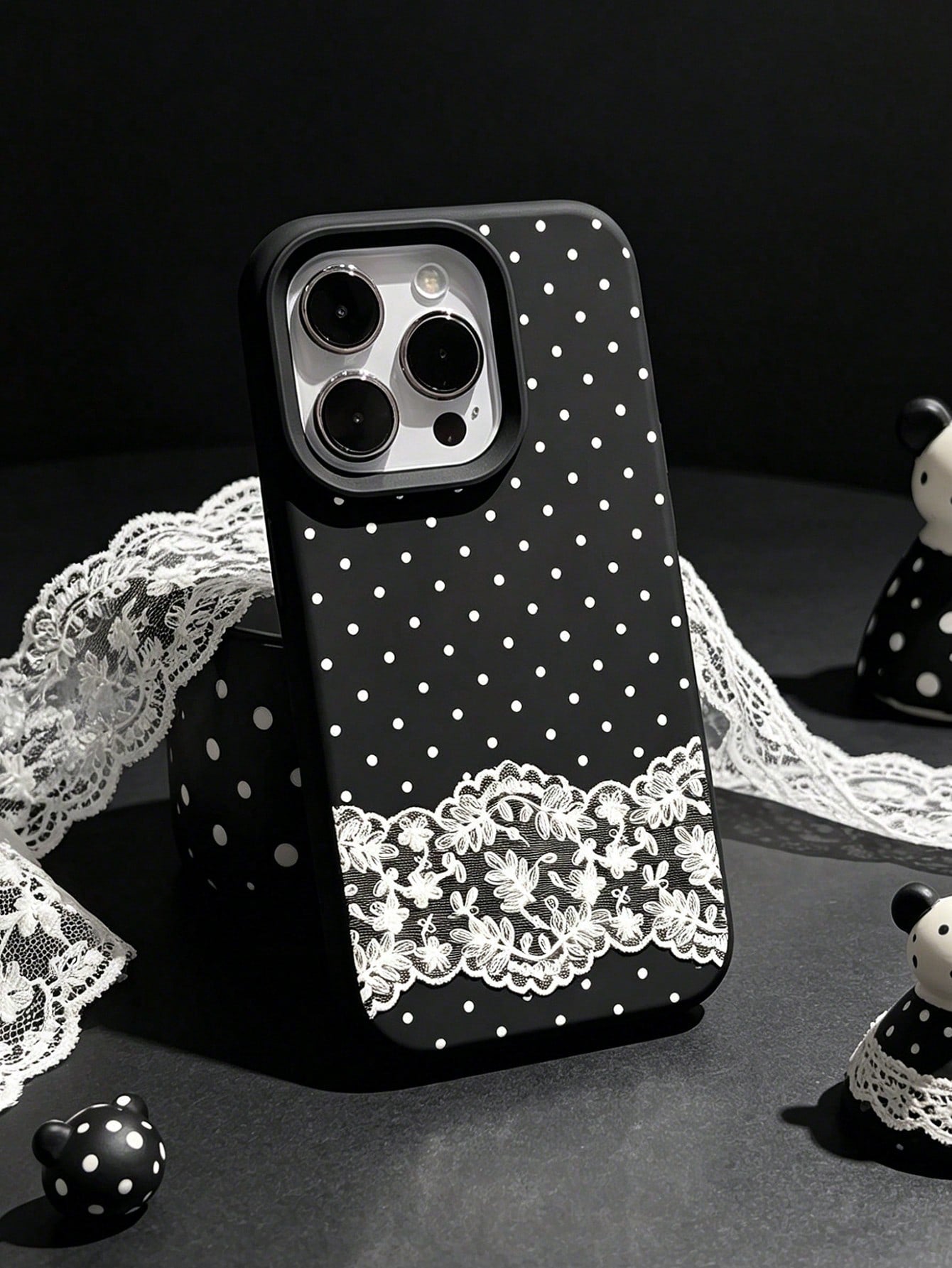 1pc Lace Polka Dot Pattern Shockproof Black Liquid Straight Edge TPU Phone Case, Suitable For IPhone 16 Pro Max/16/16 Pro/16 Plus/15/15 Pro Max/15 Pro/11/12/13/14 Pro Max/11 Pro/11 Pro Max/12 Pro/12 P