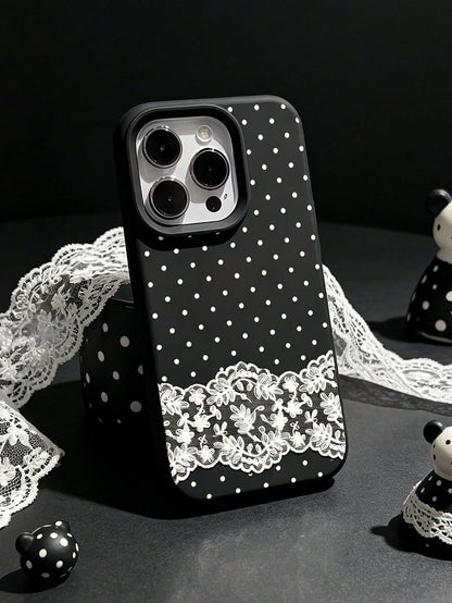1pc Lace Polka Dot Pattern Shockproof Black Liquid Straight Edge TPU Phone Case, Suitable For IPhone 16 Pro Max/16/16 Pro/16 Plus/15/15 Pro Max/15 Pro/11/12/13/14 Pro Max/11 Pro/11 Pro Max/12 Pro/12 P