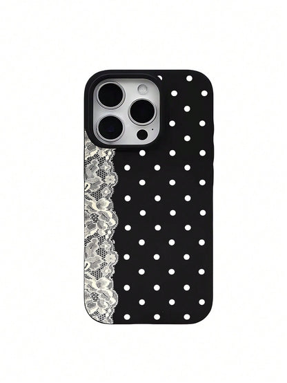 1pc Lace Polka Dot Pattern Shockproof Black Liquid Straight Edge TPU Phone Case, Suitable For IPhone 16 Pro Max/16/16 Pro/16 Plus/15/15 Pro Max/15 Pro/11/12/13/14 Pro Max/11 Pro/11 Pro Max/12 Pro/12 P