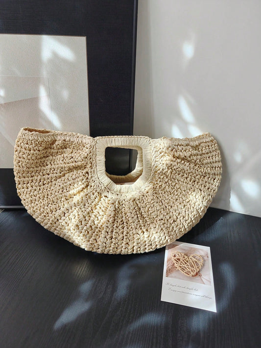 1pc Large Capacity Pleated Half-Moon Woven Handbag, Solid Color Straw Tote Bag, Fashion Beach Bag, Suitable For Women's Vacation, Travel And Daily Shopping, Mother's Day Gift