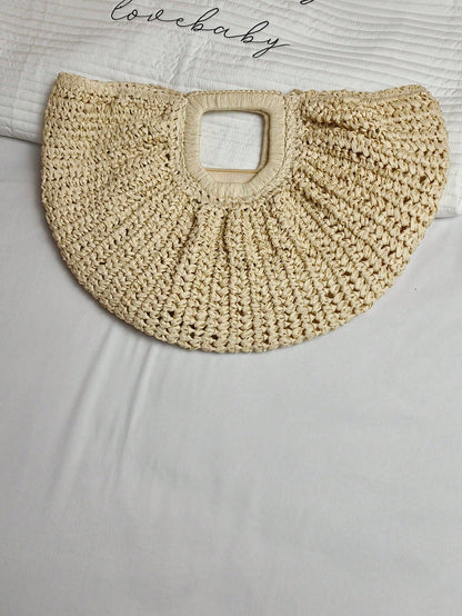 1pc Large Capacity Pleated Half-Moon Woven Handbag, Solid Color Straw Tote Bag, Fashion Beach Bag, Suitable For Women's Vacation, Travel And Daily Shopping, Mother's Day Gift