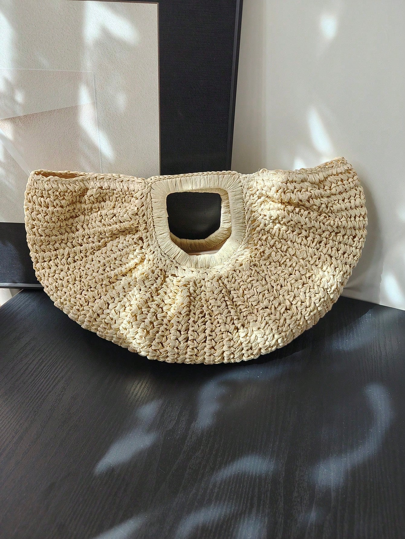 1pc Large Capacity Pleated Half-Moon Woven Handbag, Solid Color Straw Tote Bag, Fashion Beach Bag, Suitable For Women's Vacation, Travel And Daily Shopping, Mother's Day Gift