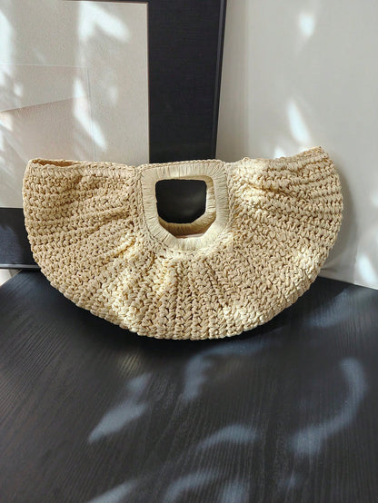1pc Large Capacity Pleated Half-Moon Woven Handbag, Solid Color Straw Tote Bag, Fashion Beach Bag, Suitable For Women's Vacation, Travel And Daily Shopping, Mother's Day Gift